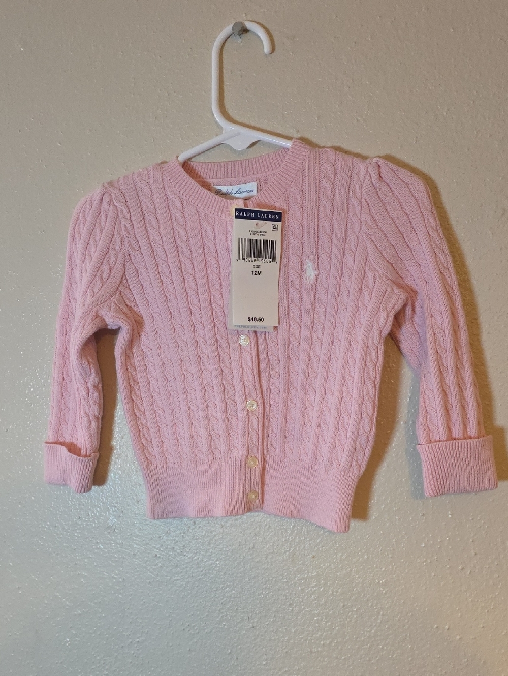 Ralph Lauren Light Pink Cable Knit Baby Cardigan 12mo